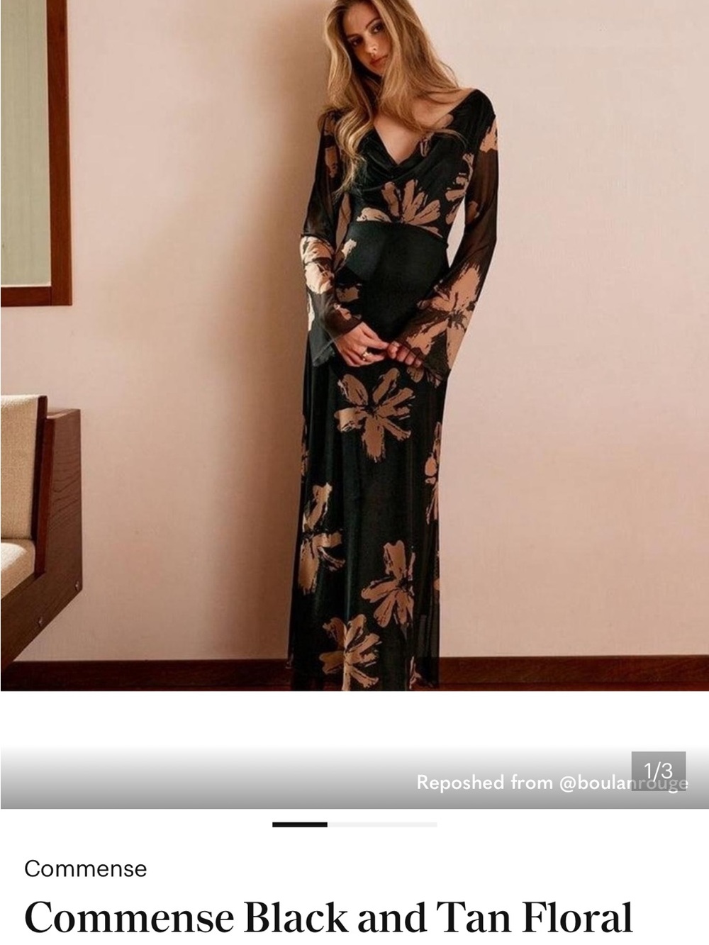 Commense Black Gown with Tan Floral Print and Sheer Long Sleeves - Picture 3 of 8